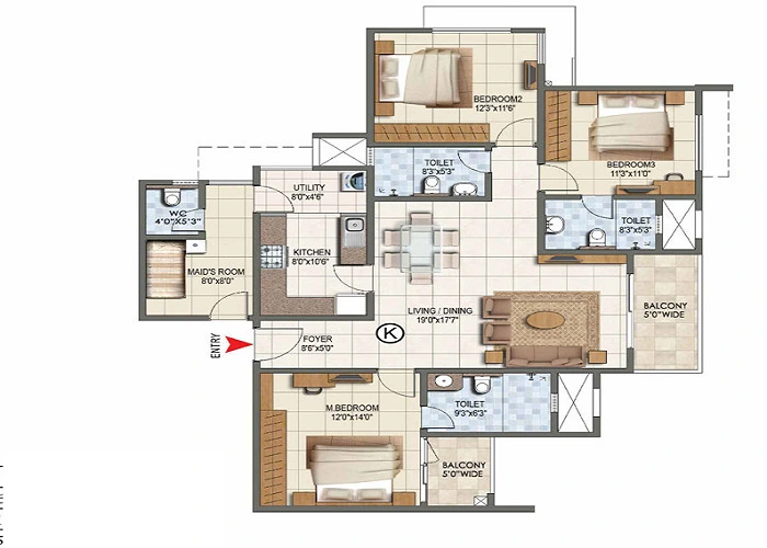 3 BHK, 2,280 - 2,435 sq.ft. floor plan at Prestige Velachery